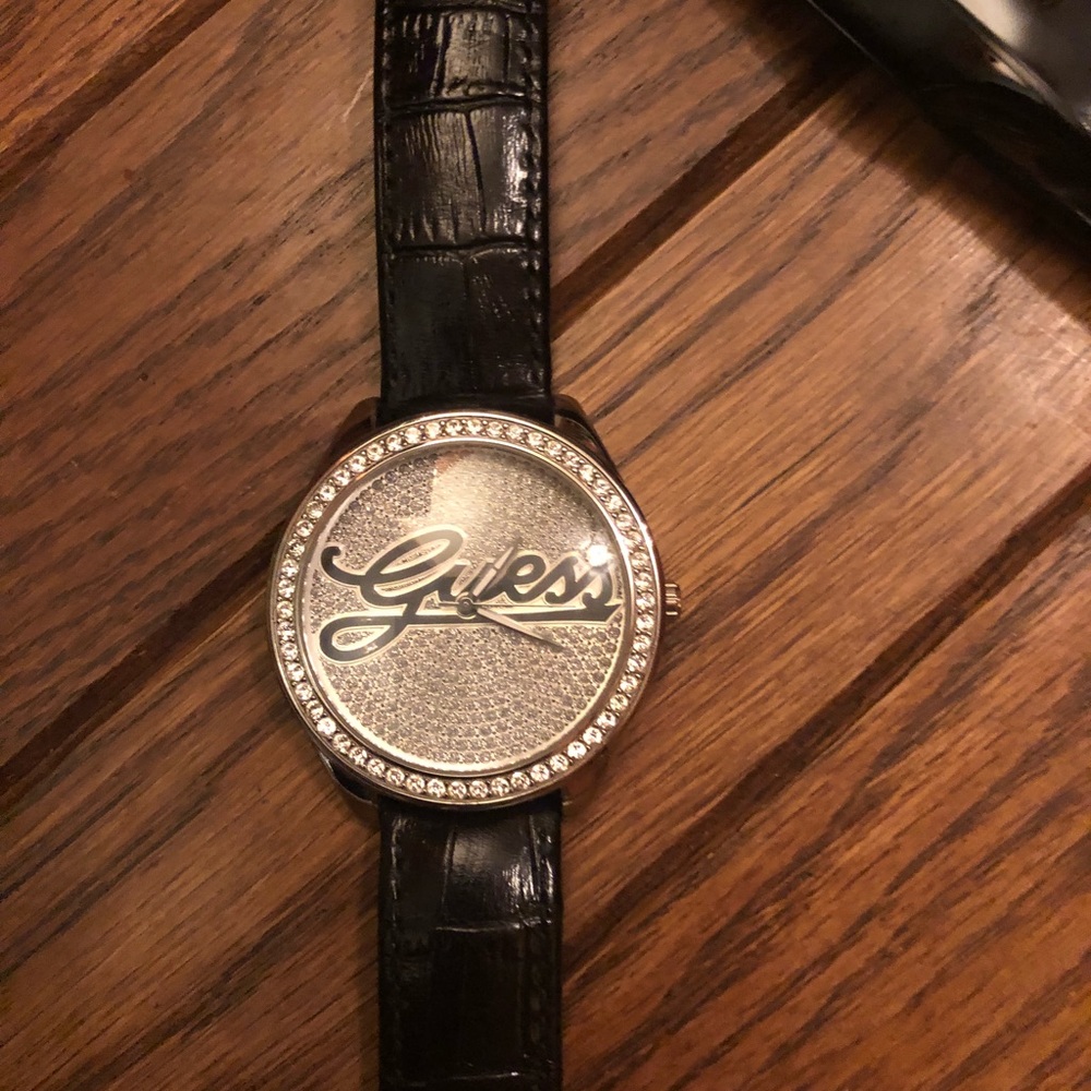 Guess black leather watch w/silver face